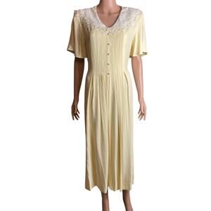 S.L. Fashions Pale Yellow Crepe Midi Dress Sz. 16 Wedding Guest Lace Trim Church